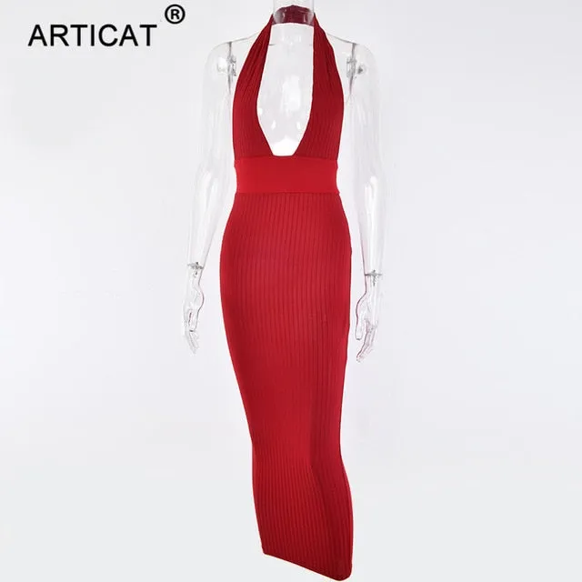 Articat Halter Backless Sexy Knitted Pencil Dress Women White Off Shoulder Long Bodycon Party Dress Elegant Summer Dress 2019