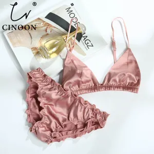 CINOON Bralette Wire Free Satin Bra Set thin Triangle cups Solid Color Bra and Panty Set Lingerie Underwear Women Brassiere