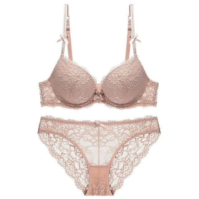 CINOON Sexy Lace 3/4 Cup Bra Sets For Women Wireless Thin Cotton Breathable Comfortable Underwear Solid color Lingerie Set