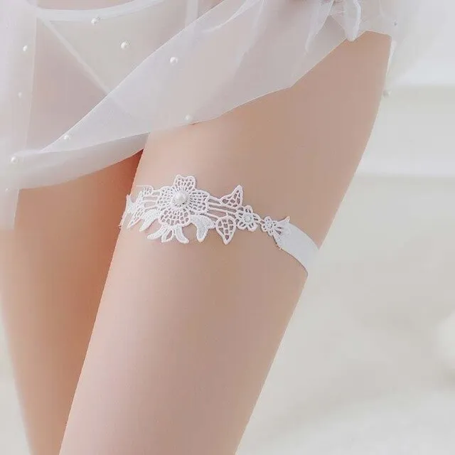 color Women Sexy Lingerie Lace Floral Garter Belt Bowknot Leg Loop Wedding Garters Bridal Cosplay Fashion Stocking Ring White