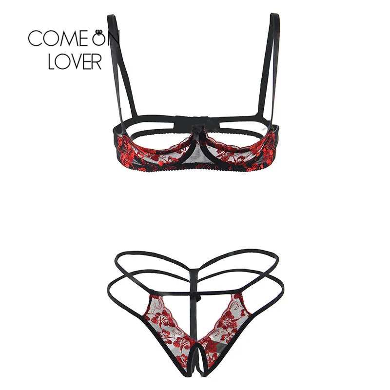 Comeonlover Sexy Lingerie Set Flower Embroidery Open Bra Cup Hollow Out Micro Erotic Sex Shop Open Crotch G string Set LI8435