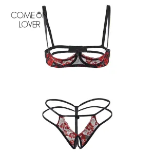 Comeonlover Sexy Lingerie Set Flower Embroidery Open Bra Cup Hollow Out Micro Erotic Sex Shop Open Crotch G string Set LI8435