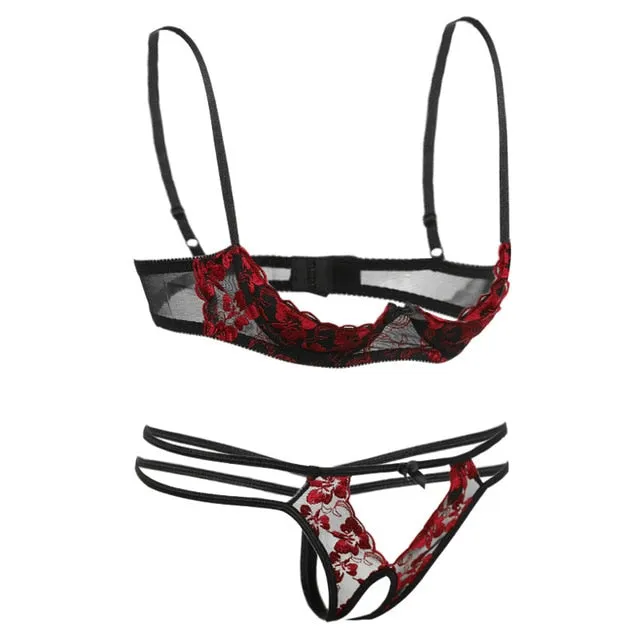 Comeonlover Sexy Lingerie Set Flower Embroidery Open Bra Cup Hollow Out Micro Erotic Sex Shop Open Crotch G string Set LI8435