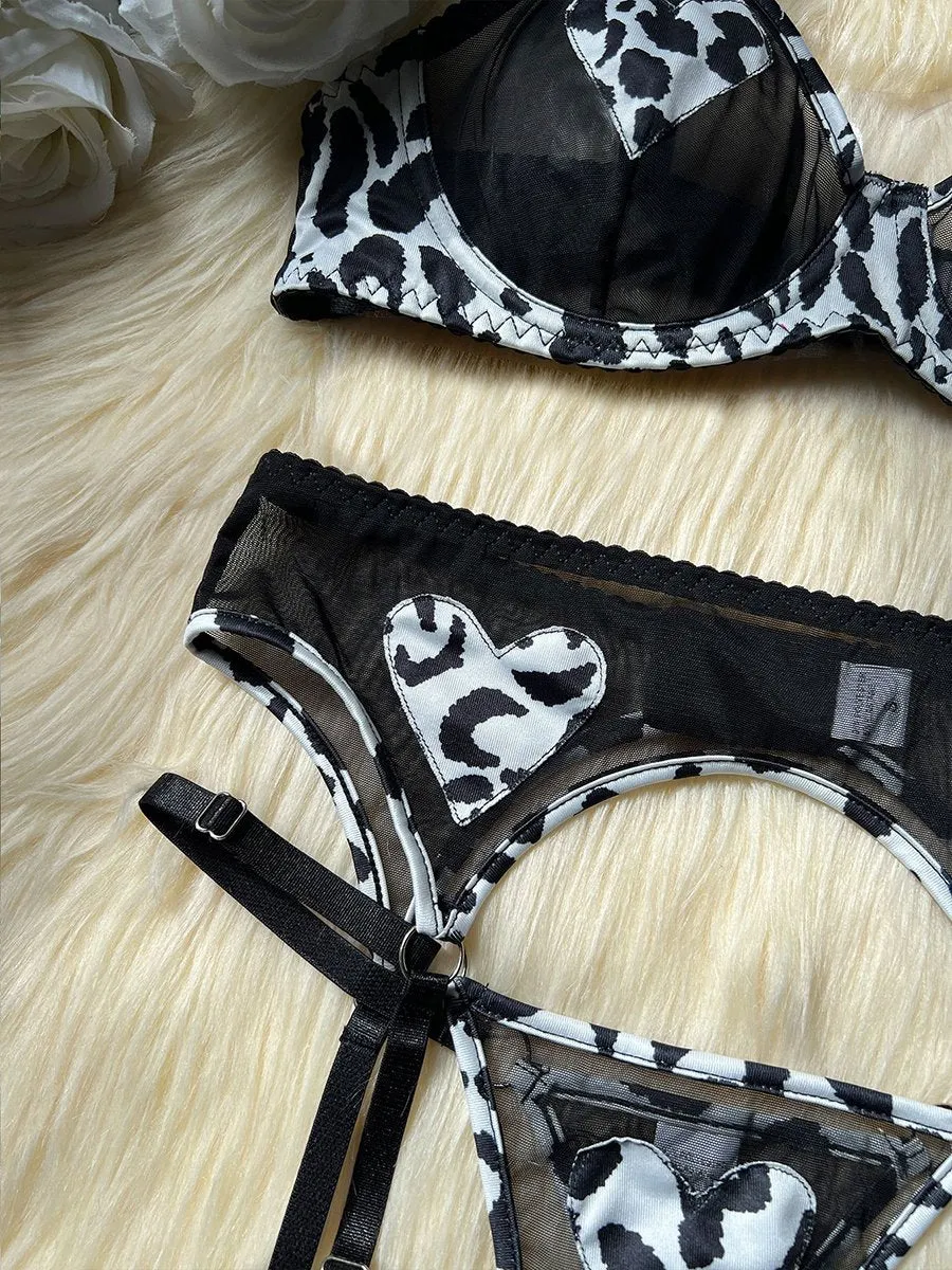 Cow Print Heart Garter Bra Set