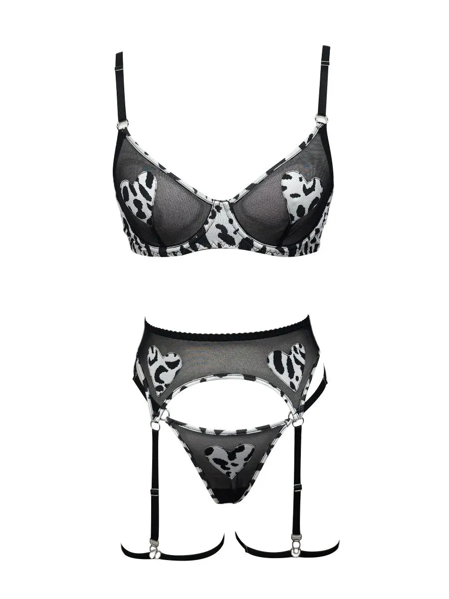 Cow Print Heart Garter Bra Set
