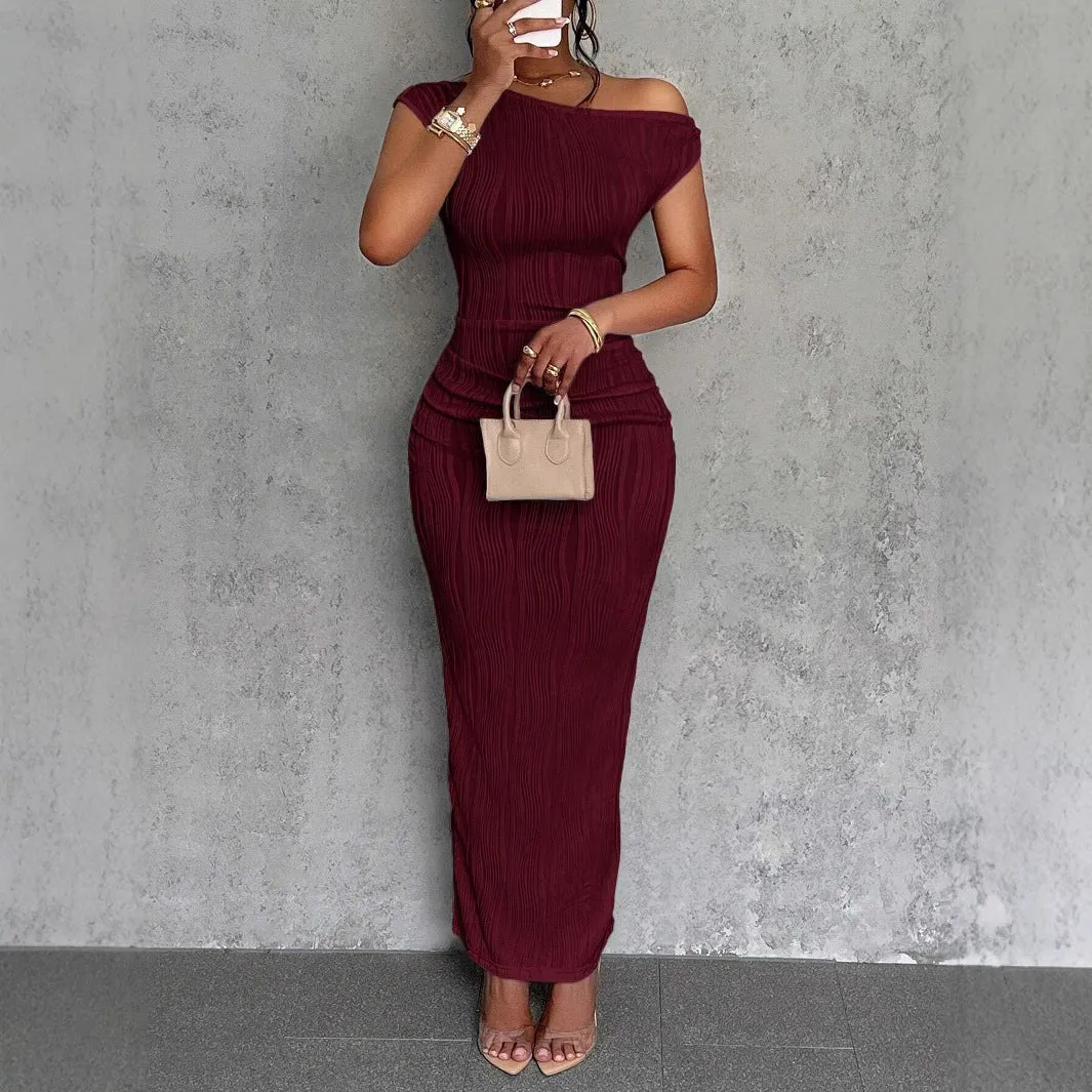 Cute Fashion Water Ripple Sloping Shoulder Dress