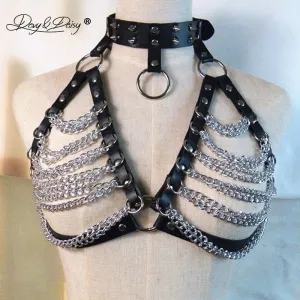 DAVYDAISY Women Sexy Leather Punk Bra Choker Metal Chain Open Bust Belt Tops Belt Bandage Female Nightclub Sexy Lingerie BR512