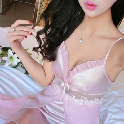 Deep V Neck Women Satin Nightgown Sexy Lace Sleepwear Strap Spaghetti Ladies Silk Nightwear Sleep Wear Night Gown Lingerie Dress