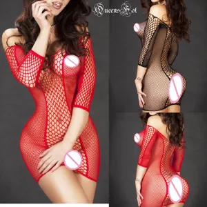 Fishnet Sleeved Erotic Hot Sexy Lingerie Babydoll Teddy Latex Catsuit Body Stocking Costumes Off Shoulder Dress Porn Cotillon