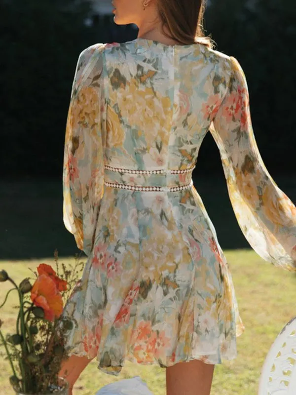 Floral V-Neck Puff Sleeve Lace Dress