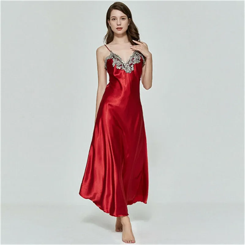 Hrigin Women Oversize Satin V-Neck Long Nightdress Silk Lace Sexy Lingerie Nightgown Sleepwear Sleepshirts Robe Dress Babydoll