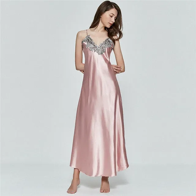 Hrigin Women Oversize Satin V-Neck Long Nightdress Silk Lace Sexy Lingerie Nightgown Sleepwear Sleepshirts Robe Dress Babydoll