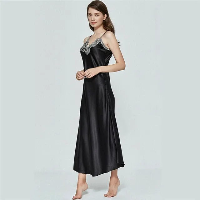 Hrigin Women Oversize Satin V-Neck Long Nightdress Silk Lace Sexy Lingerie Nightgown Sleepwear Sleepshirts Robe Dress Babydoll