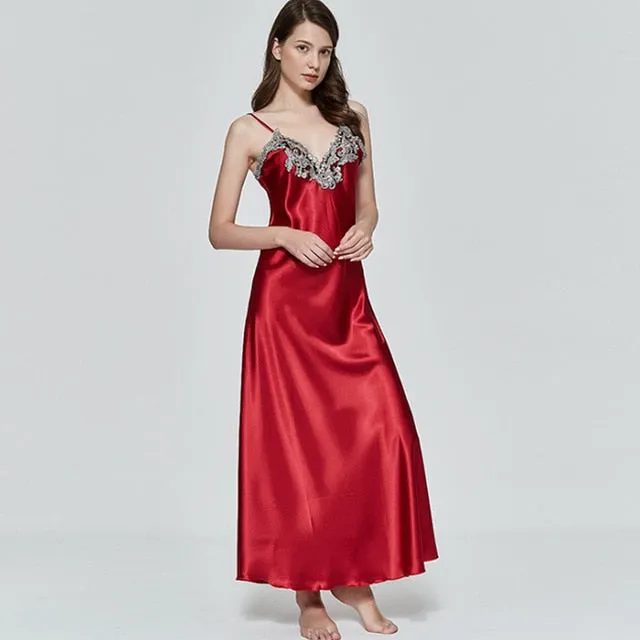 Hrigin Women Oversize Satin V-Neck Long Nightdress Silk Lace Sexy Lingerie Nightgown Sleepwear Sleepshirts Robe Dress Babydoll