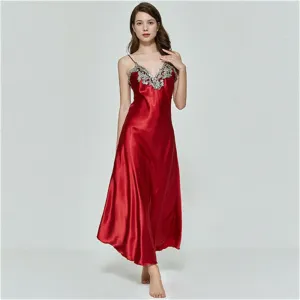 Hrigin Women Oversize Satin V-Neck Long Nightdress Silk Lace Sexy Lingerie Nightgown Sleepwear Sleepshirts Robe Dress Babydoll