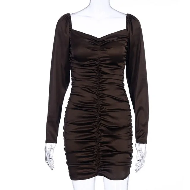 Hugcitar 2019 long puff sleeve slash neck satin pleated sexy mini dress autumn winter women solid party elegant streetwear outfi