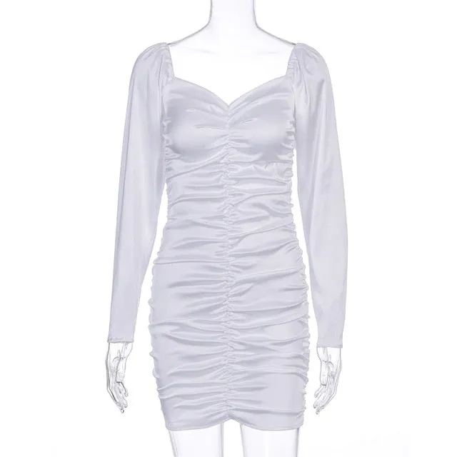 Hugcitar 2019 long puff sleeve slash neck satin pleated sexy mini dress autumn winter women solid party elegant streetwear outfi