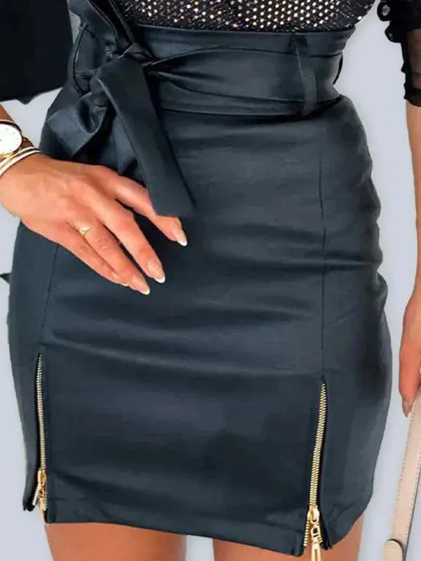 Ladies Belted Hem Zip Mini Skirt With Zipper Slit