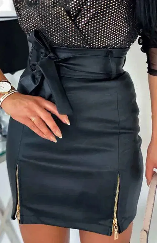Ladies Belted Hem Zip Mini Skirt With Zipper Slit