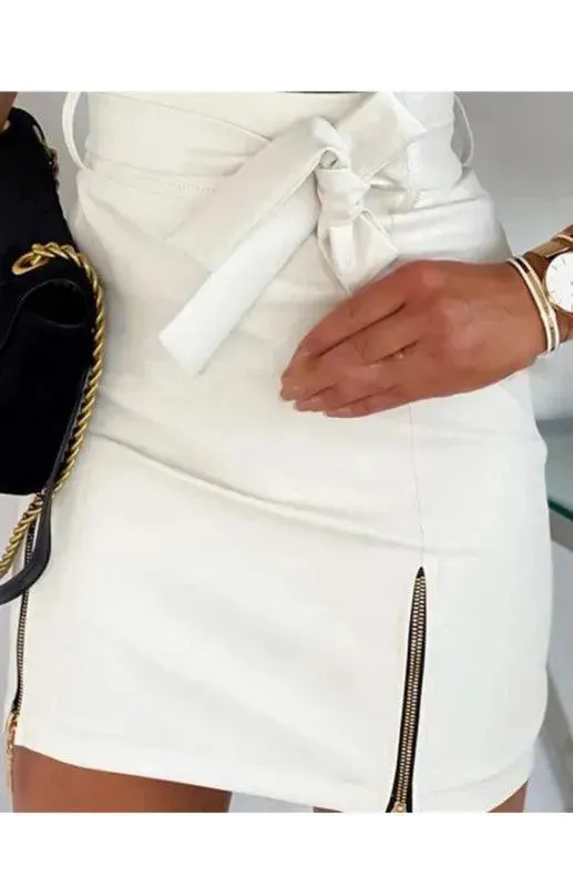 Ladies Belted Hem Zip Mini Skirt With Zipper Slit