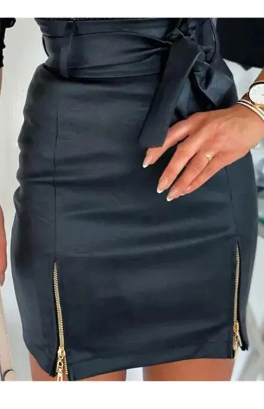 Ladies Belted Hem Zip Mini Skirt With Zipper Slit