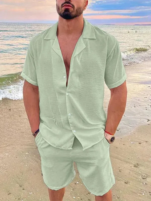 Men Relaxed Casual Linen Shorts Set