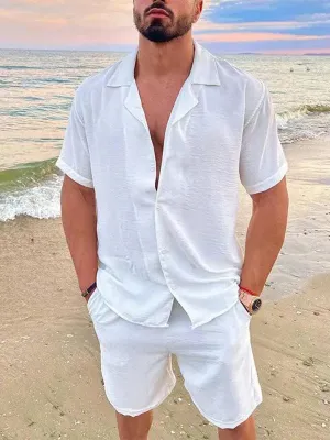 Men Relaxed Casual Linen Shorts Set