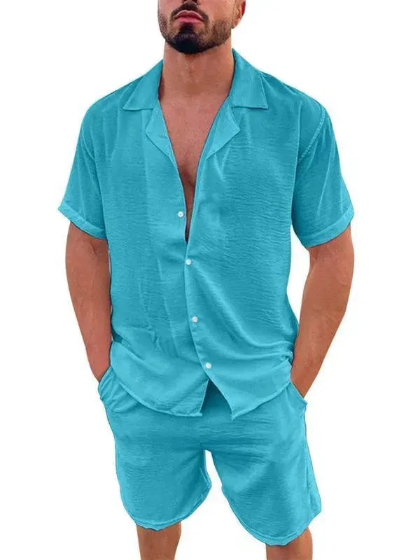 Men Relaxed Casual Linen Shorts Set