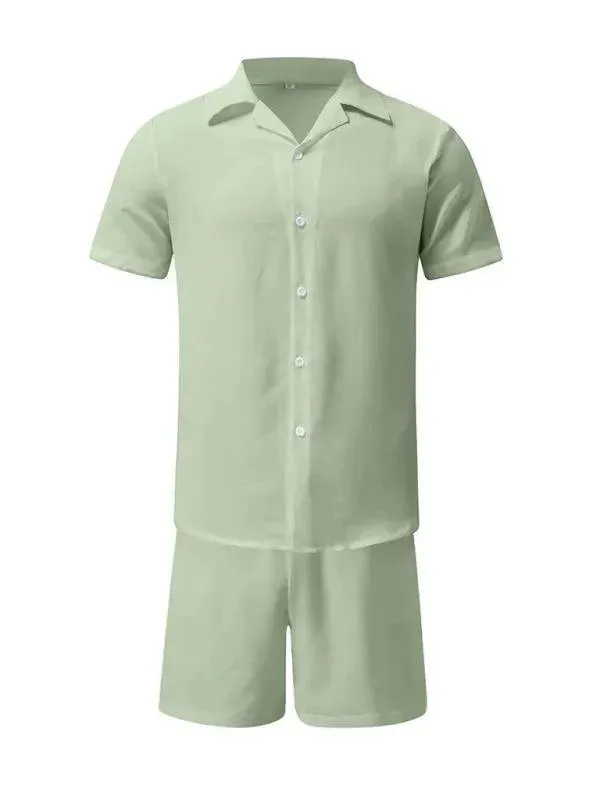 Men Relaxed Casual Linen Shorts Set