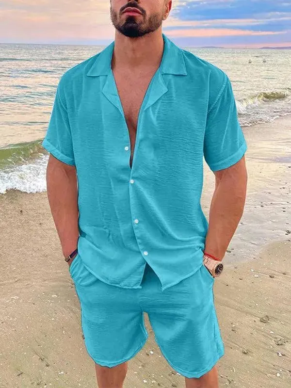 Men Relaxed Casual Linen Shorts Set