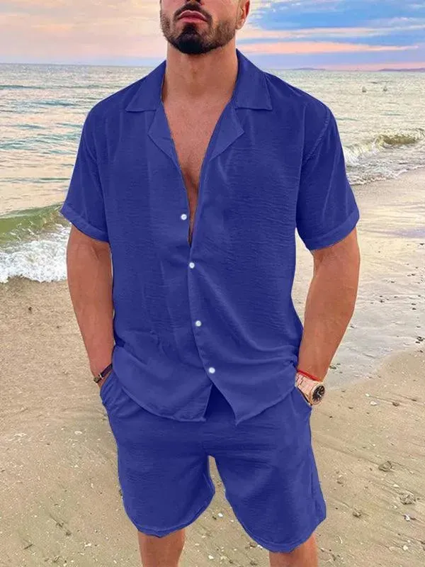 Men Relaxed Casual Linen Shorts Set