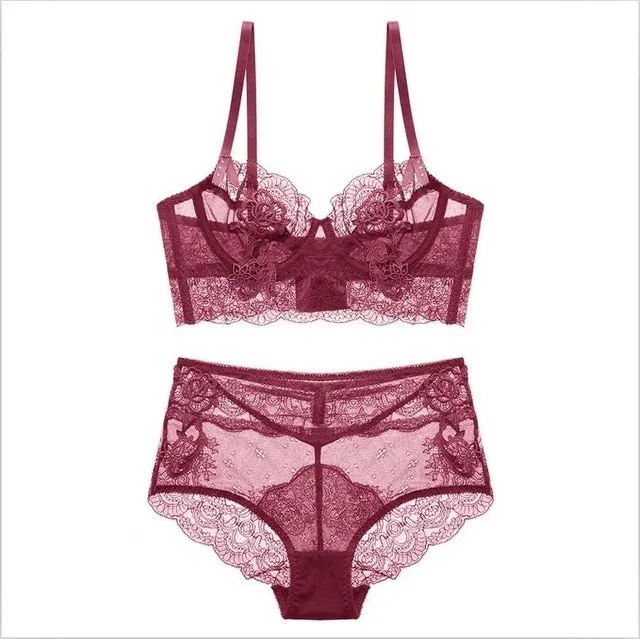 New Ultra Thin Cup Lingerie Bra Set Underwear Transparent Temptation Sexy Underwear Set For Women High Waist Bra & Brief Set