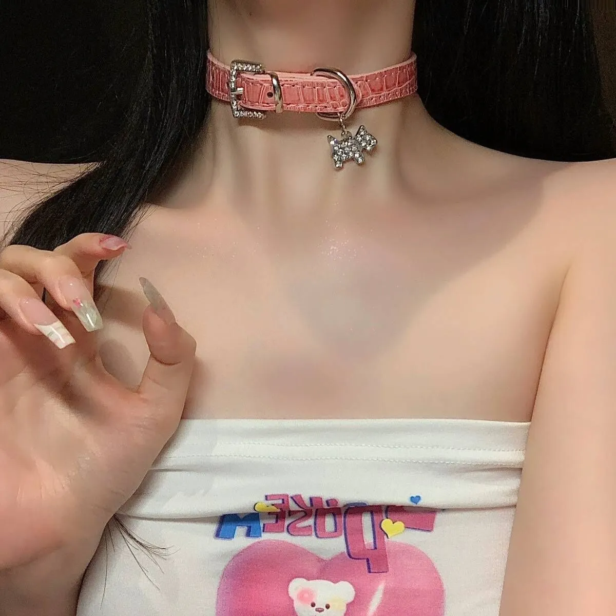 P-720  Pink diamond puppy leather necklace