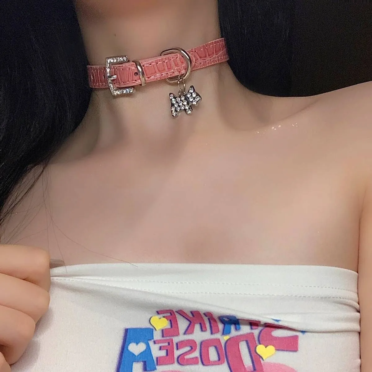 P-720  Pink diamond puppy leather necklace
