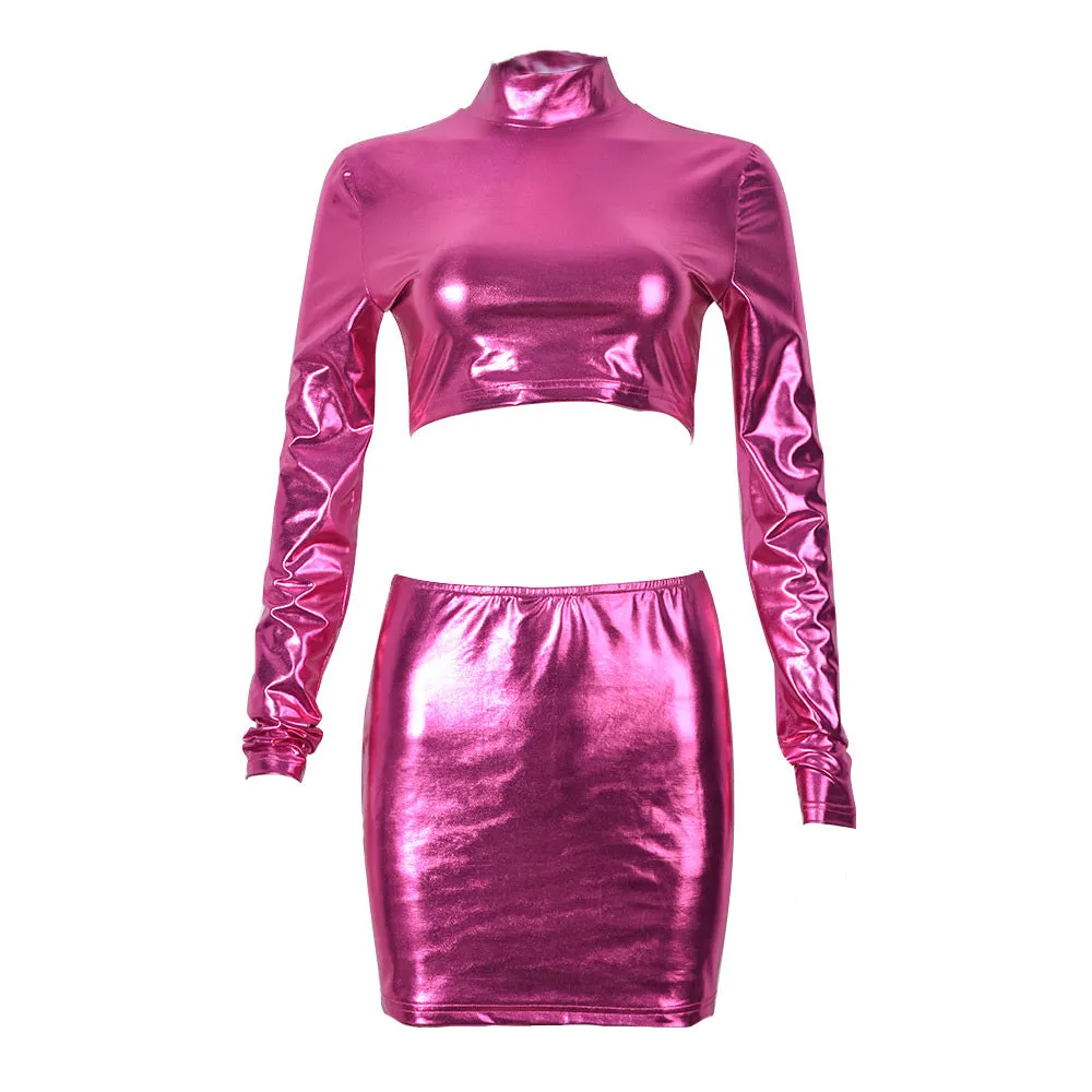 Pink Metallic Skirt Set Two Piece Rave Outfits Long Sleeve Crop Top and Mini Skirt