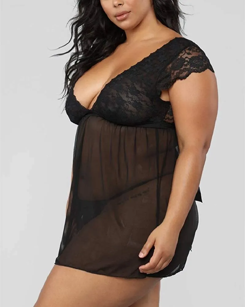 Plus Size Babydoll for Women Open Back Lingerie Set Lace High Waist Sexy Chemise Sleepwear Nightgown