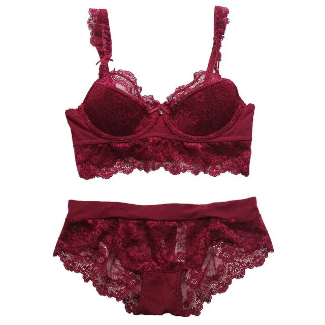 Plus Size Bra and Panty Sets Underwear With Lace Bra Half Cup Underwire Ultra Thin Sexy Lingerie Brassieres 90D 95C 95D