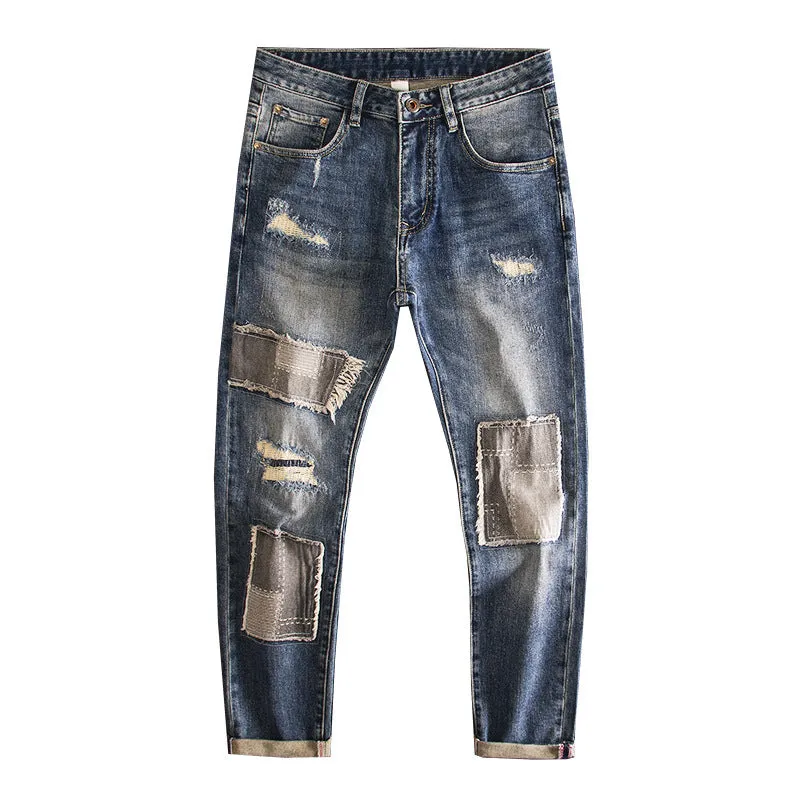 Retro Beggar Ripped Patch Jeans For Men