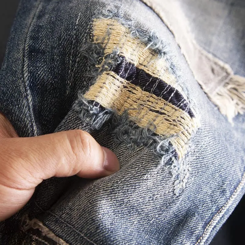Retro Beggar Ripped Patch Jeans For Men