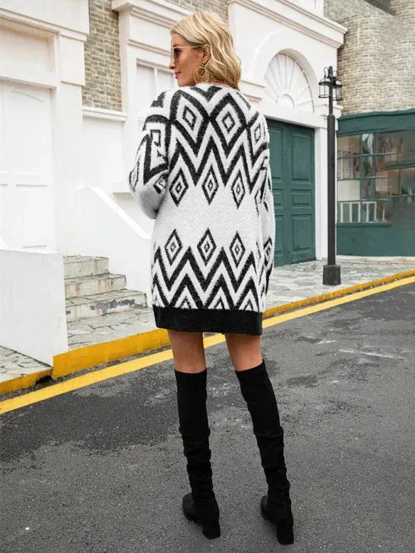 Retro Diamond Mid-Length Cardigan Sweater