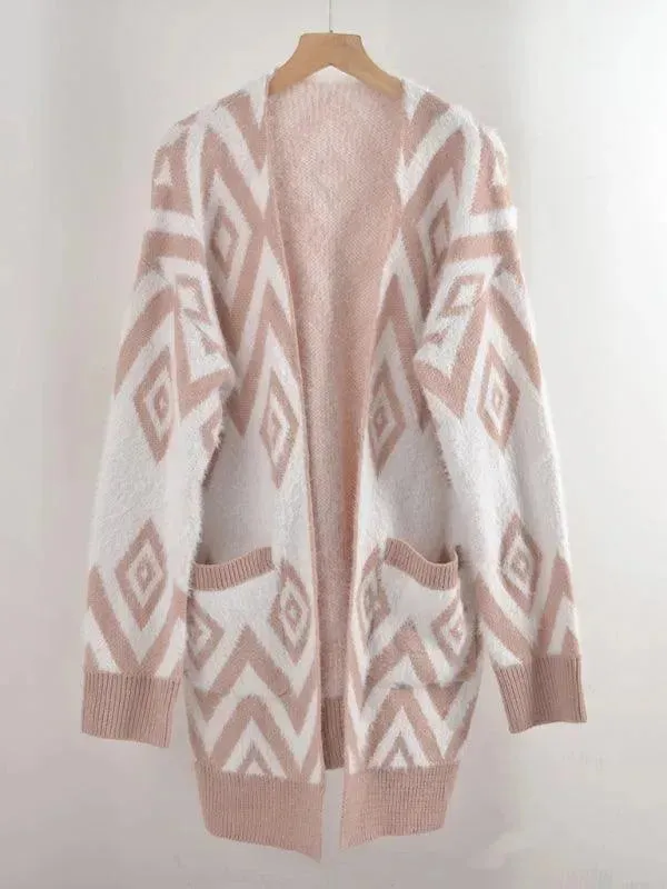 Retro Diamond Mid-Length Cardigan Sweater