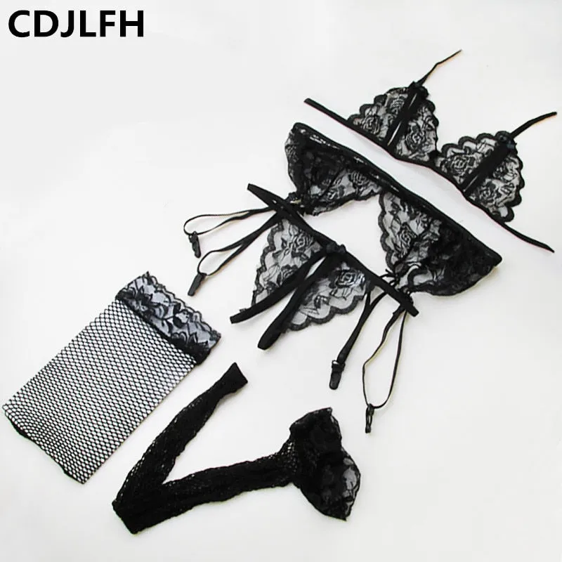Sexy Lingerie Femme 4pc Sets Cosplay Lace Open Bra Babydoll G-string Garter Porno Lingerie Sexy Hot Erotic Set Sex Shop Costumes