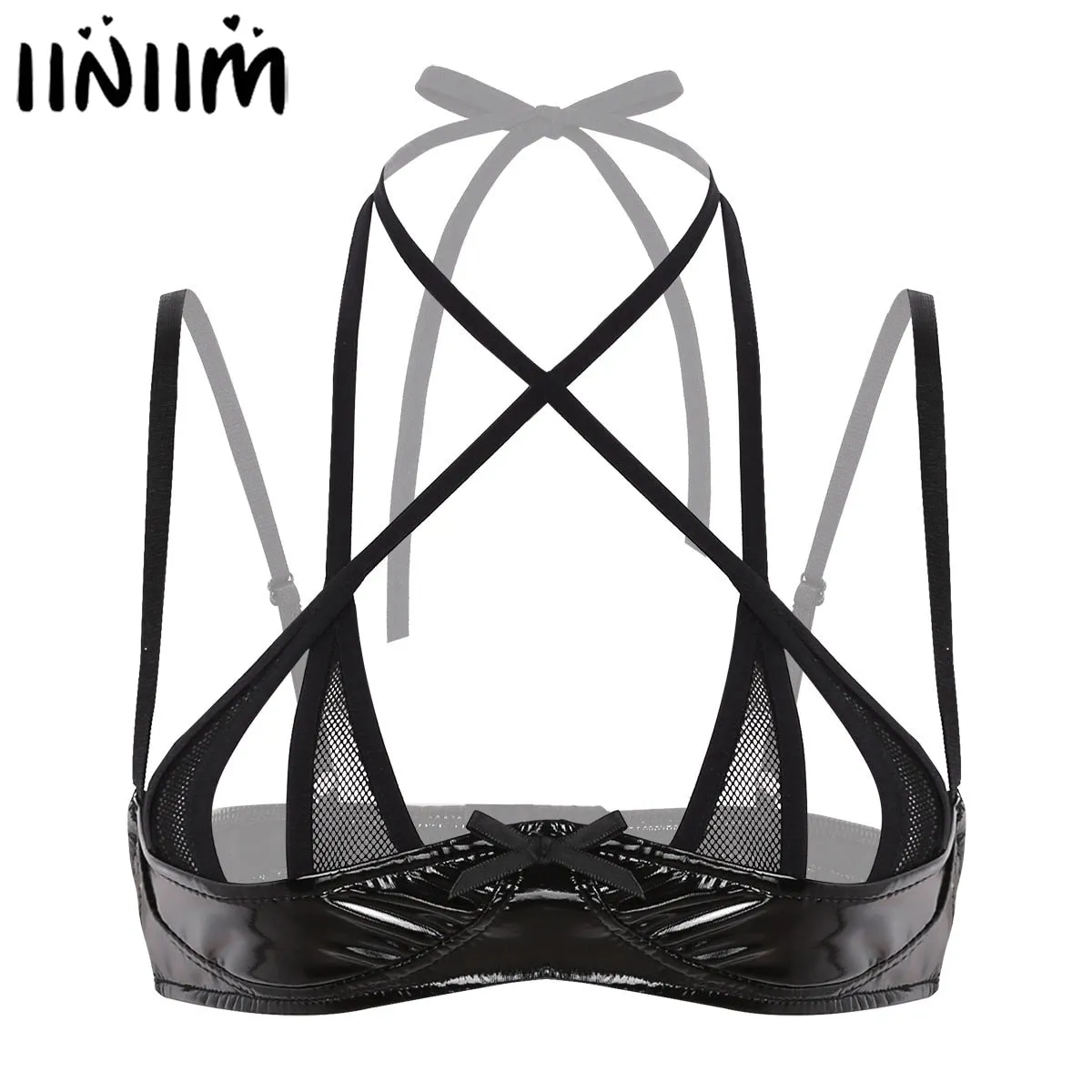 Sexy Lingerie Women Hot Porno Bandage Bra Wetlook Leather Push Up Bustier Erotic Open Cup Mini Bra Top Adjustable Shelf Bralette