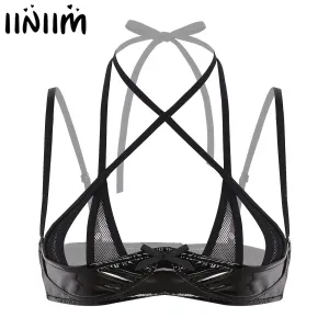 Sexy Lingerie Women Hot Porno Bandage Bra Wetlook Leather Push Up Bustier Erotic Open Cup Mini Bra Top Adjustable Shelf Bralette