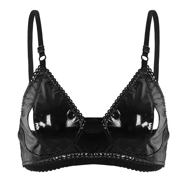 Sexy Women Open Cup Bra Lingerie Faux Leather Bra Women Adjustable Spaghetti Straps Bra Vintage Style with Nipple Splits Bra Top