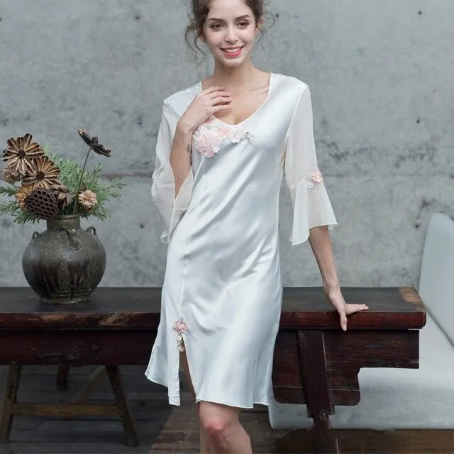 Sexy Women Satin Sleepwear Silk Nightgown Half Sleeve Embroidery Nightdress Sexy Lingerie Plus Size S M L XL  Female Nightie