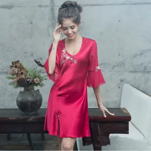 Sexy Women Satin Sleepwear Silk Nightgown Half Sleeve Embroidery Nightdress Sexy Lingerie Plus Size S M L XL  Female Nightie