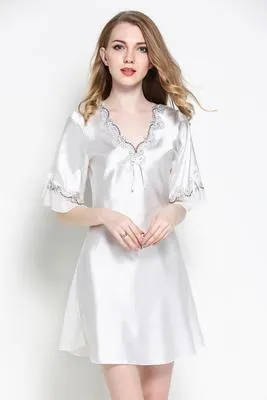 Sexy Women Satin Sleepwear Silk Nightgown Half Sleeve Embroidery Nightdress Sexy Lingerie Plus Size S M L XL XXL Female Nightie