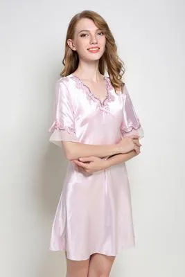 Sexy Women Satin Sleepwear Silk Nightgown Half Sleeve Embroidery Nightdress Sexy Lingerie Plus Size S M L XL XXL Female Nightie