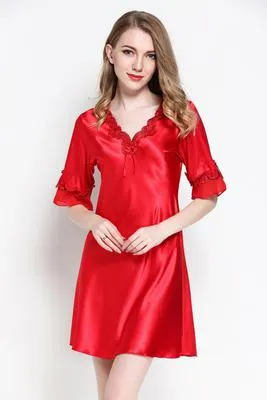 Sexy Women Satin Sleepwear Silk Nightgown Half Sleeve Embroidery Nightdress Sexy Lingerie Plus Size S M L XL XXL Female Nightie